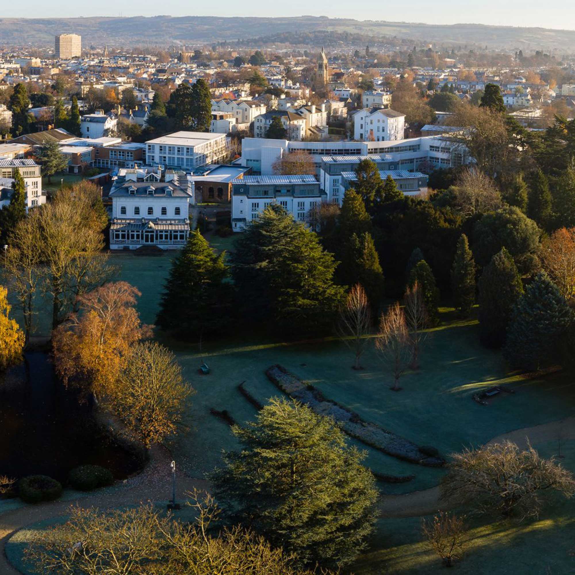 Drone shot of Park Campus, Cheltenham