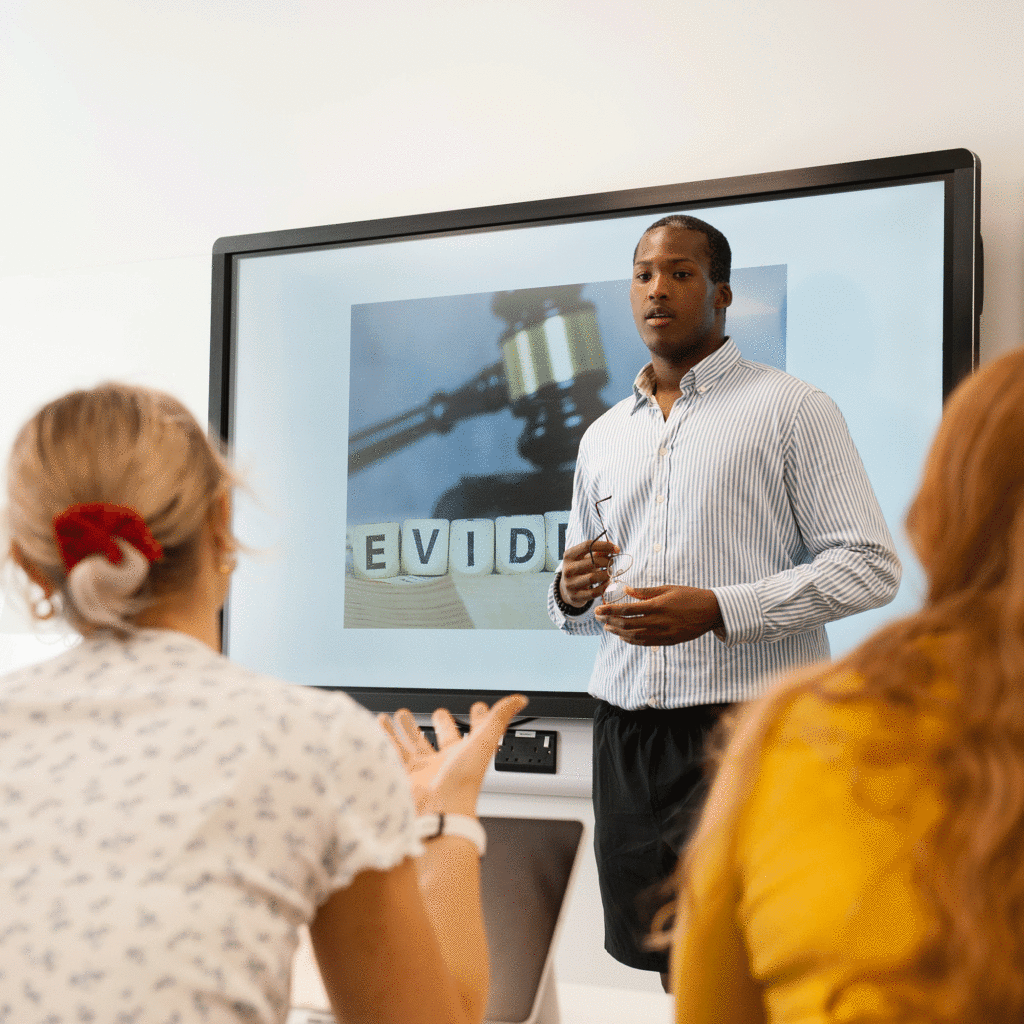 PhD student standing in front of a screen, presenting to other students.